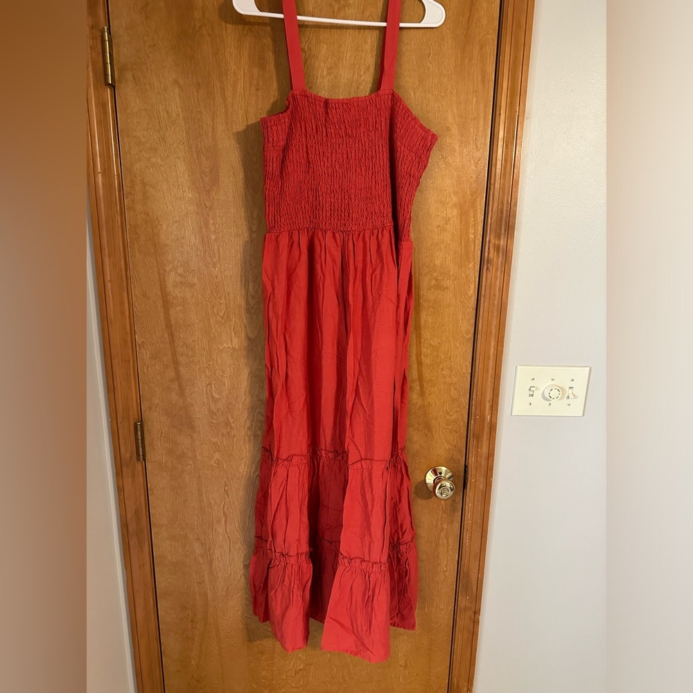 FALLS CREEK Burnt Orange Smocked Tiered Ruffle Maxi Sundress Linen Summer Size L